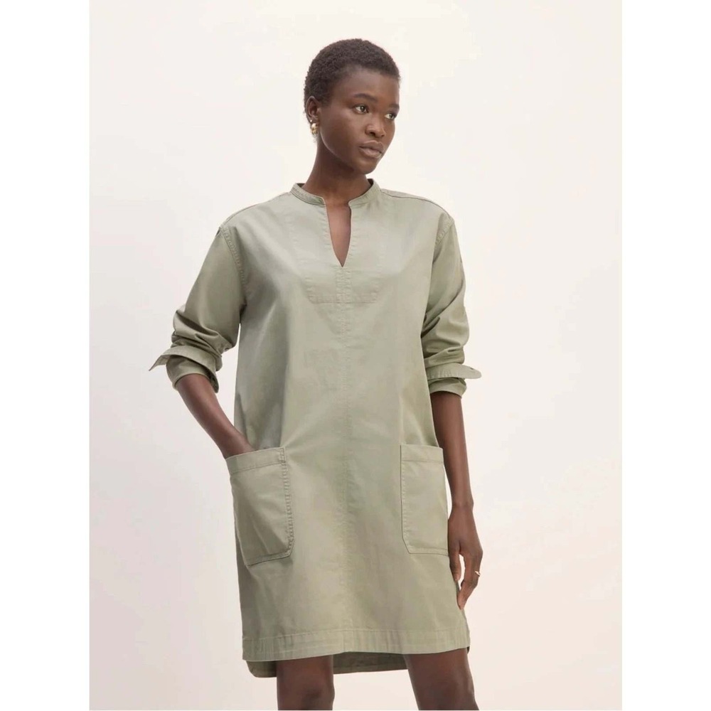 Everlane Utility Shirt Dress Womens L Gray Organic Cotton Split Neck Tunic Mini